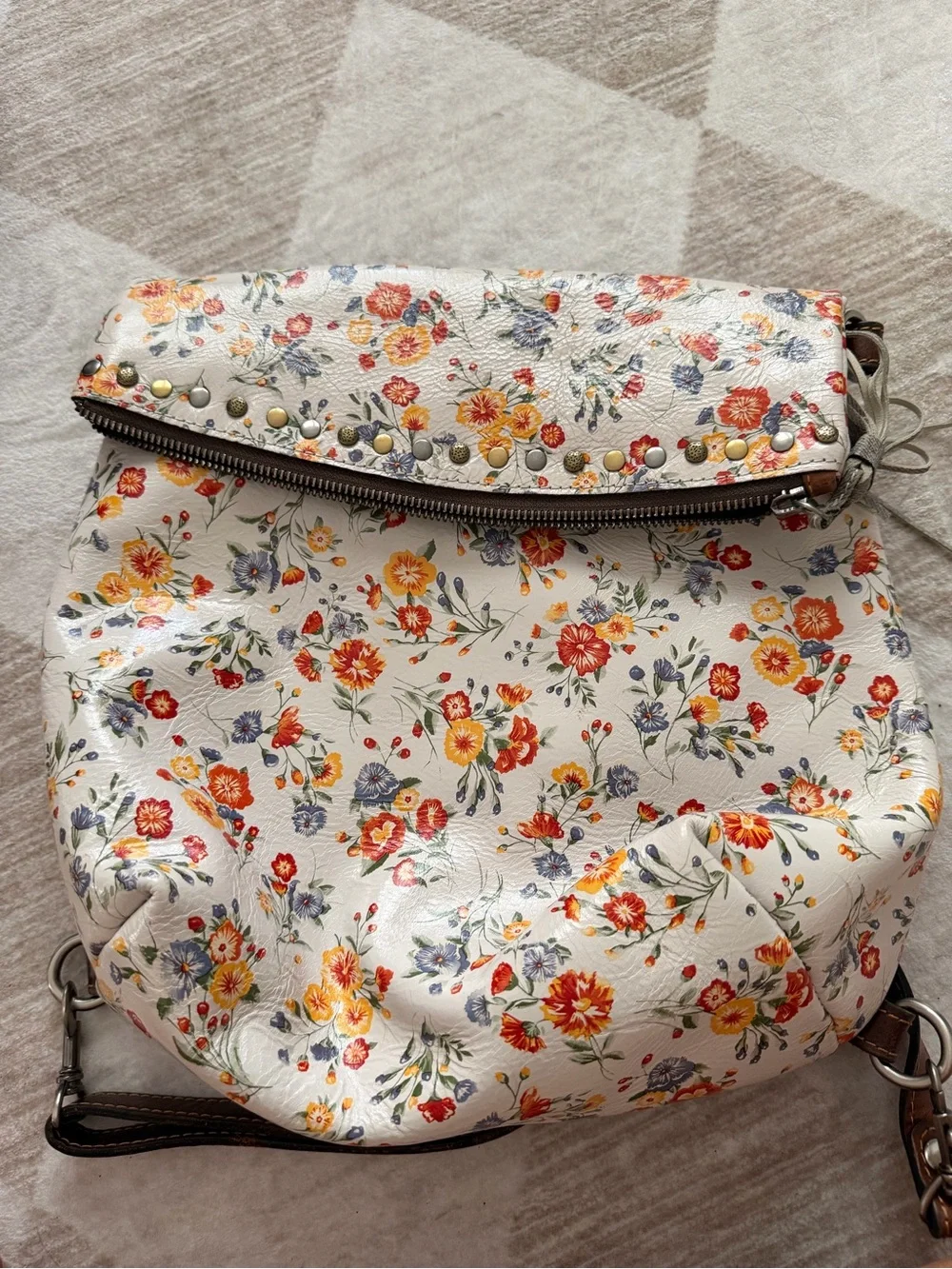 Floral Print Bookbag Bag with Brown Leather Trim